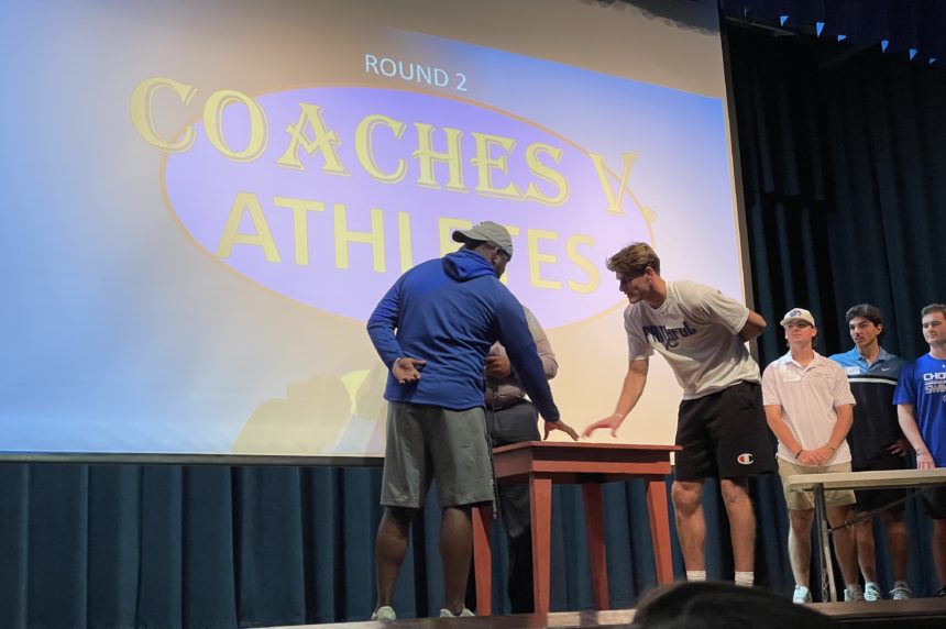 Coach Harris of Cross Country and Women’s Lacrosse goes up against Skyler Davies of Men’s Basketball in a round of Family Feud.