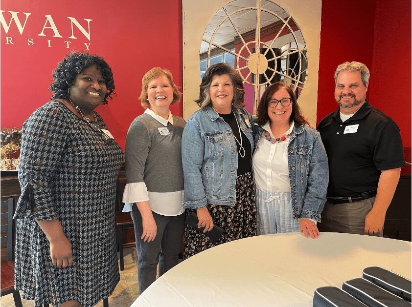 On May 2, the Chowan University Ministerial Board of Associates (MBA) met for their Spring meeting. Featured here from left are Pamela Taylor, Kim Wyatt, Anna Anderson, Mari Wiles, and Marc Wyatt.