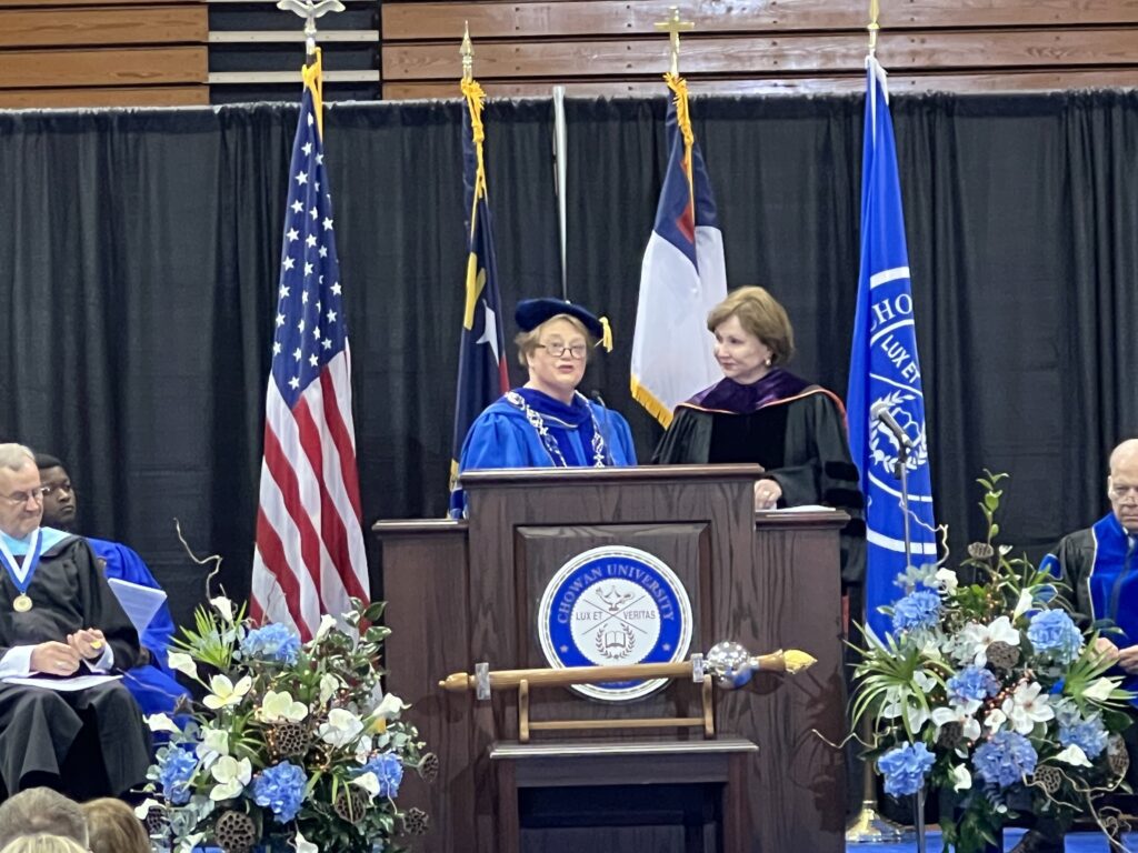 Dr. Rosemary M. Thomas, Chowan President presents A. Hope William, NCICU President with a $25,000 donation to NCICU for Hurricane Helene Relief given in honor of herself and Chowan University.