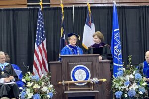 Dr. Rosemary M. Thomas, Chowan President presents A. Hope William, NCICU President with a $25,000 donation to NCICU for Hurricane Helene Relief given in honor of herself and Chowan University.