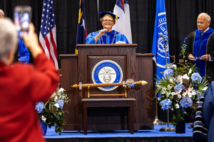 Dr. Rosemary M. Thomas addresses everyone in attendance after being invested as Chowan’s President.