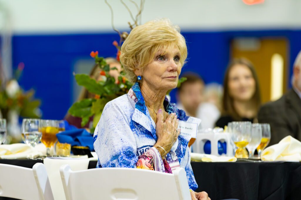 Jane Burke, Board of Trustee member and Scholarship Donor is moved during the scholarship luncheon.