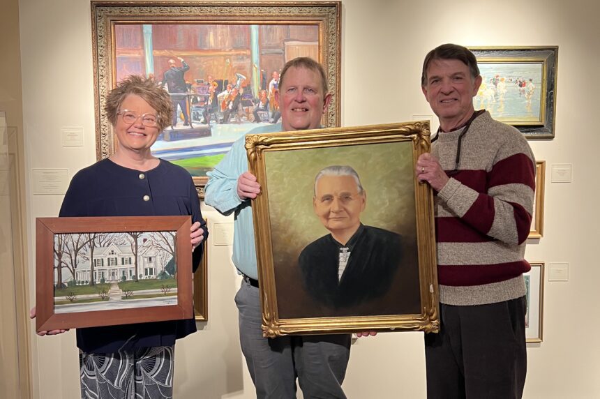 Chowan University President Dr. Rosemary M. Thomas proudly holds a painting of Olevia Frances Benthall Jenkins’ home, while Drs. Stephen S. Marsh and William H. Marsh present the portrait of their great-grandmother, donated to the Wayland Jenkins Fine Arts Center in honor of her lasting legacy.